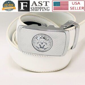 White Leather Ratchet Belt‎ Automatic Lion Buckle Adjustable Dress Belt for Men